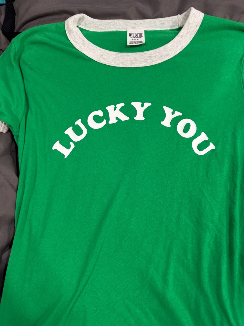 PINK Victoria's Secret Green Ringer Tee with White 'Lucky You' Print